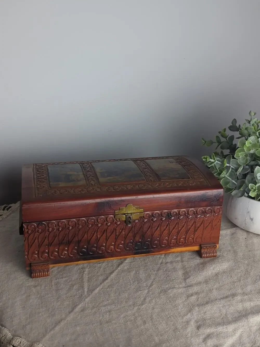 Vintage Carved Wood Keepsake Box | Storybook Cottage Jewelry Chest | Ornate Foot